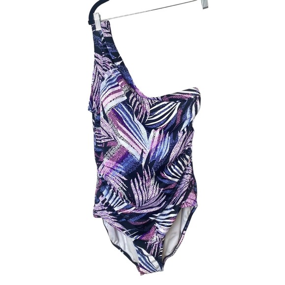 NWT SWIM SOLUTIONS Black MULTI Tummy Control One Shoulder One Piece Swimsuit 18 - Picture 2 of 9